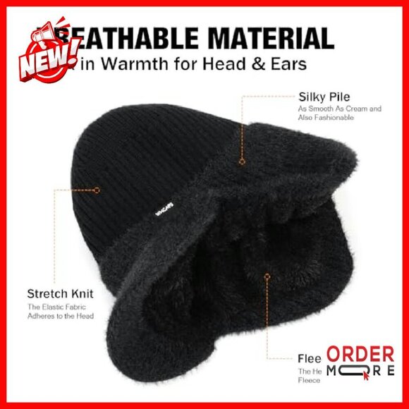 Fleece Lined Winter Beanie with Brim and Ear Flaps, Unisex Thermal Hat main image 4